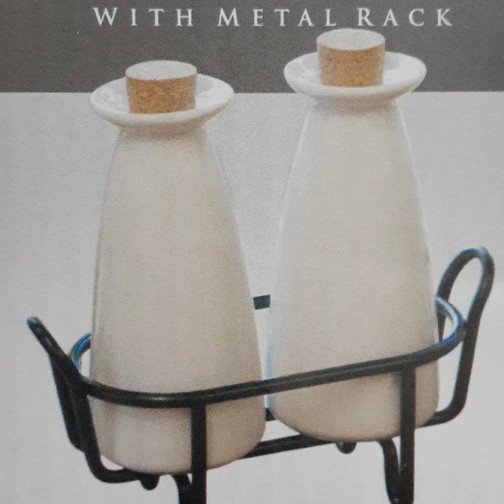 Ivory Stoneware Oil & Vinegar Set with Black Metal Rack New!